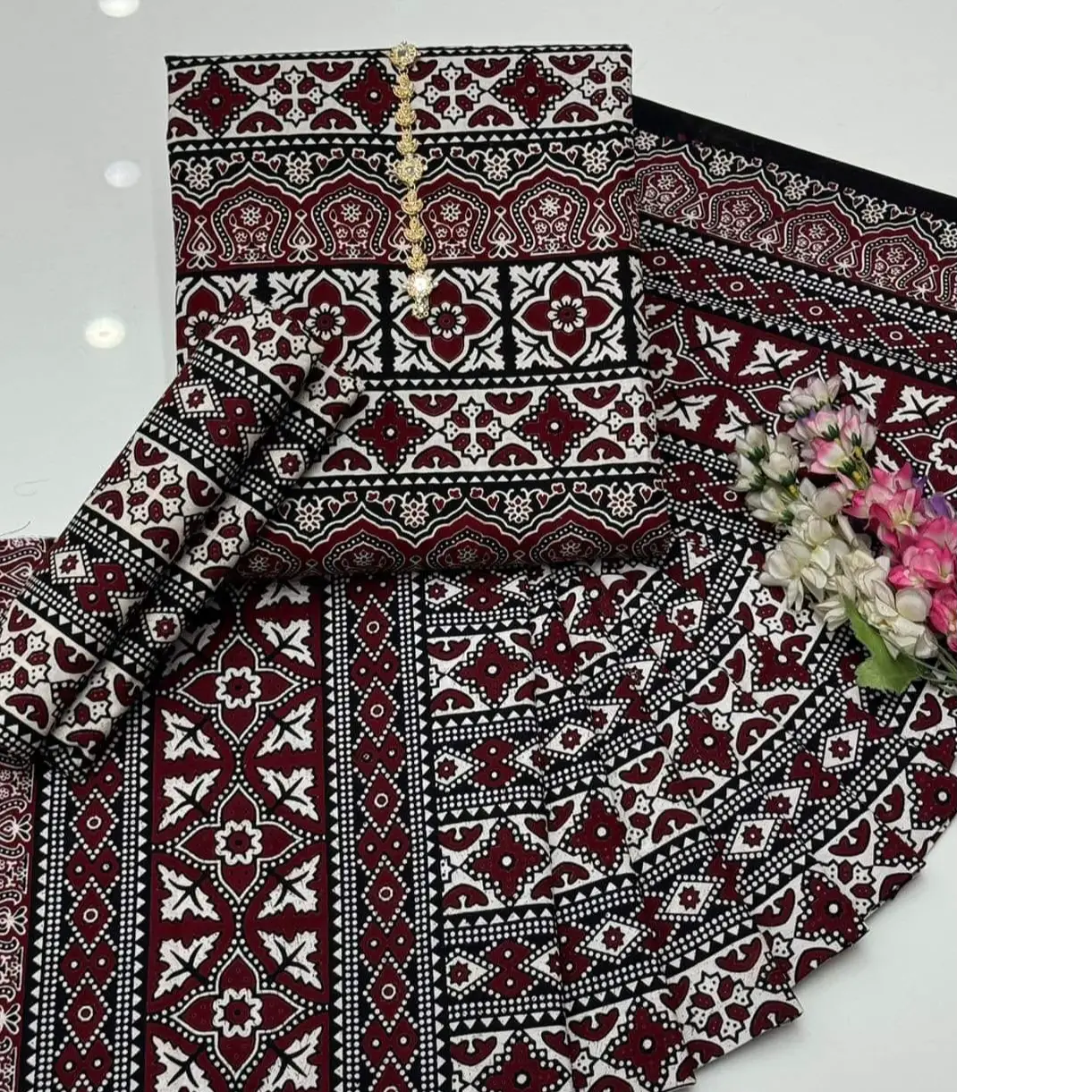 Premium Handmade Ajrak 3PC Cotton Suit  Heritage Elegance
