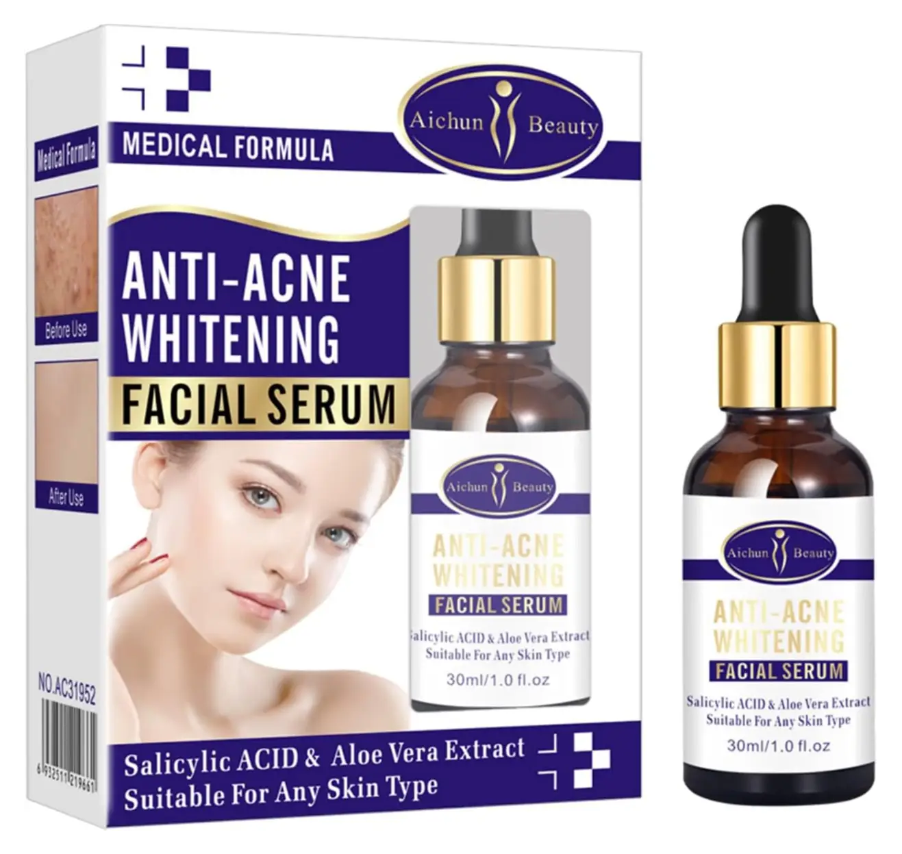 IMPORTED AICHUN BEAUTY Anti-Acne Facial Serum Aloe Vera Extract Salicylic Acid Repairs Damaged Skin 30ml