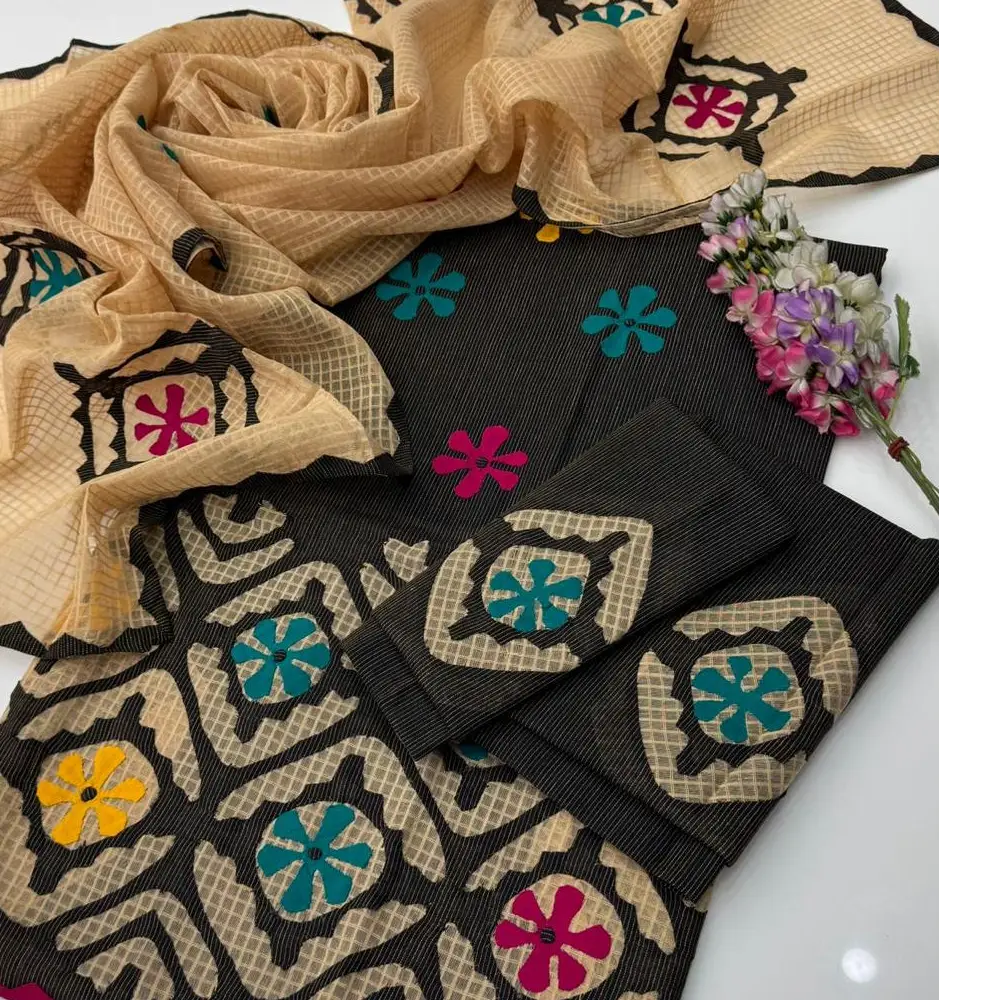 Hand Appliqu 3PC Suit  Pure Lawn with Khaadi Net Dupatta