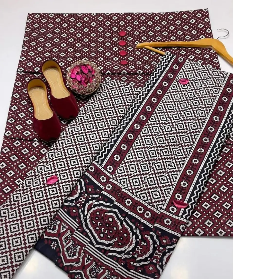 Premium Handmade Ajrak 3PC Cotton Suit  Heritage Elegance