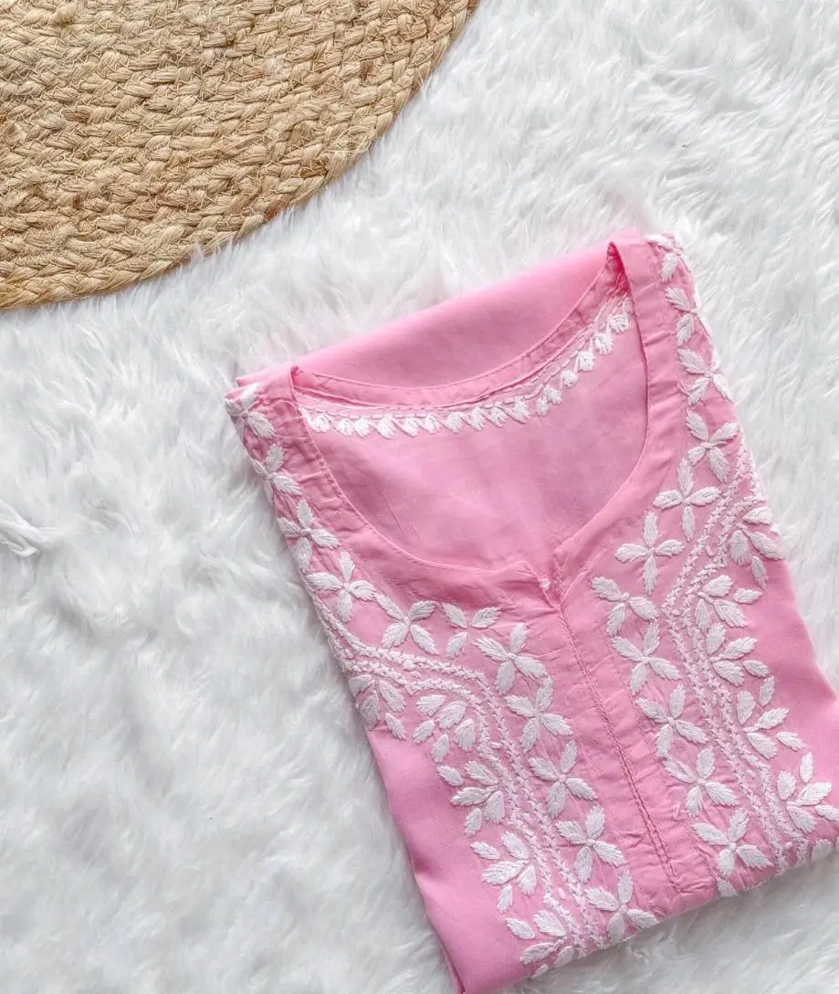 Stylish embroidered pink geogette kurta