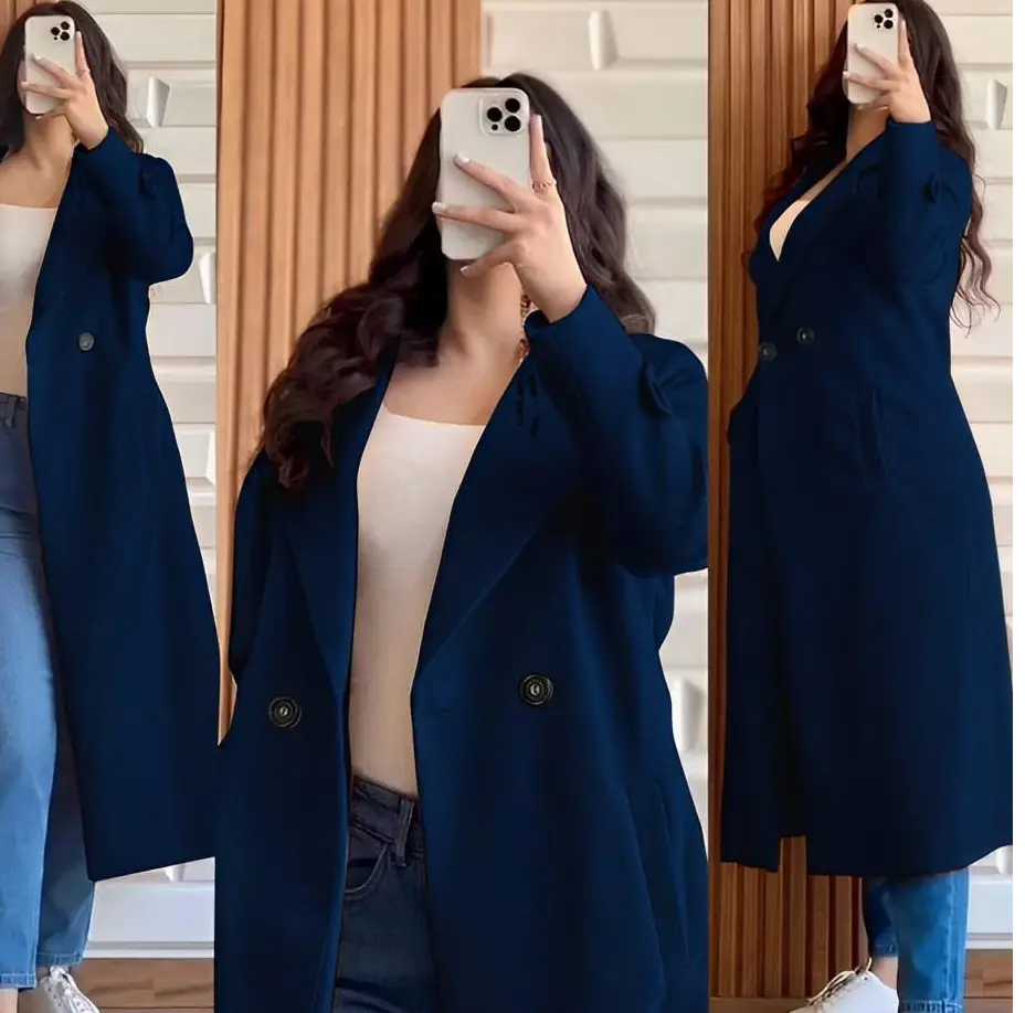 Stylish blue Fleece Trench coat for women.