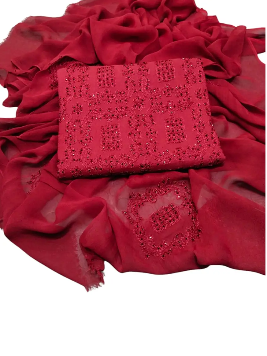 Cut-Dana Hand Embroidered 3Pc Unstitched Lawn Suit with Chiffon Dupatta