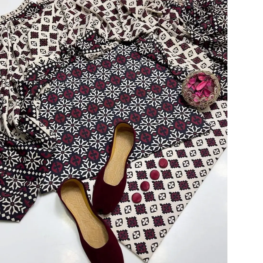 Premium Handmade Ajrak 3PC Cotton Suit  Heritage Elegance